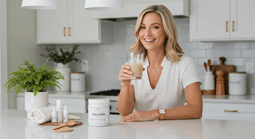 Woman enjoying a collagen drink as part of her daily beauty and wellness routine for skin health and hydration.