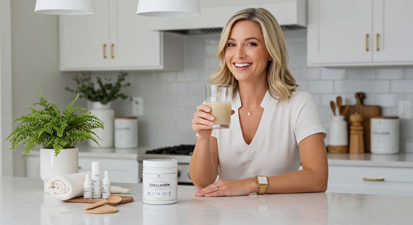 Woman enjoying a collagen drink as part of her daily beauty and wellness routine for skin health and hydration.