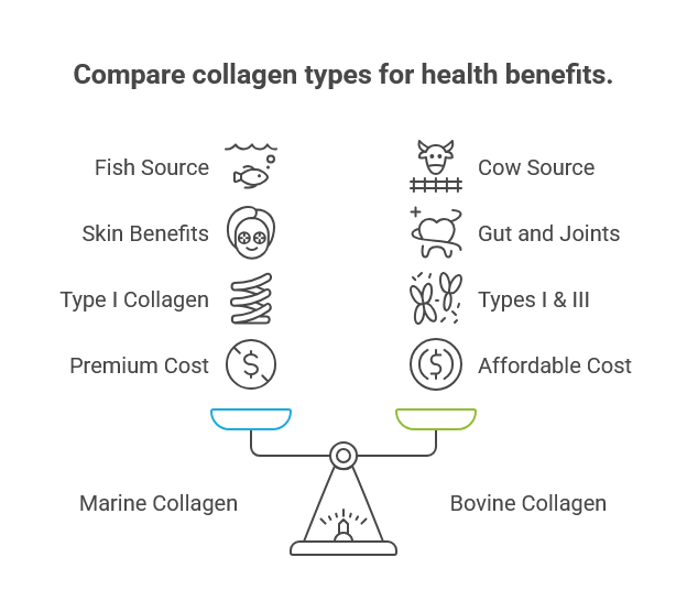 Illustrated comparison of marine and bovine collagen with benefits for skin and hair