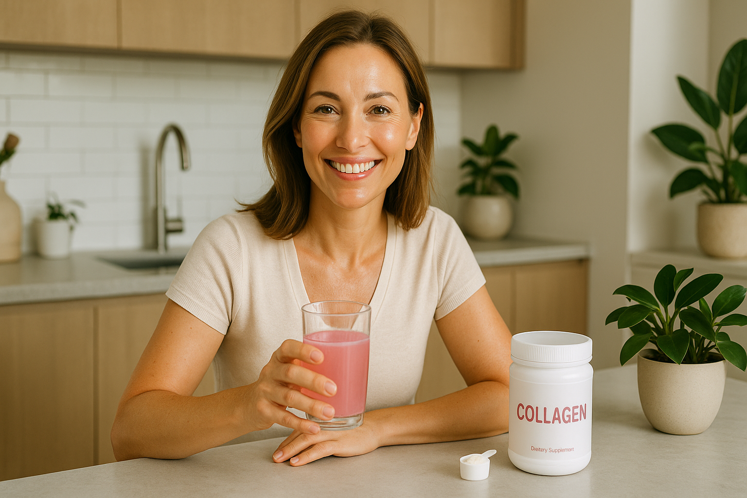 Photorealistic image of a woman in her 30s with glowing skin, sitting at a modern kitchen counter holding a glass of collagen drink